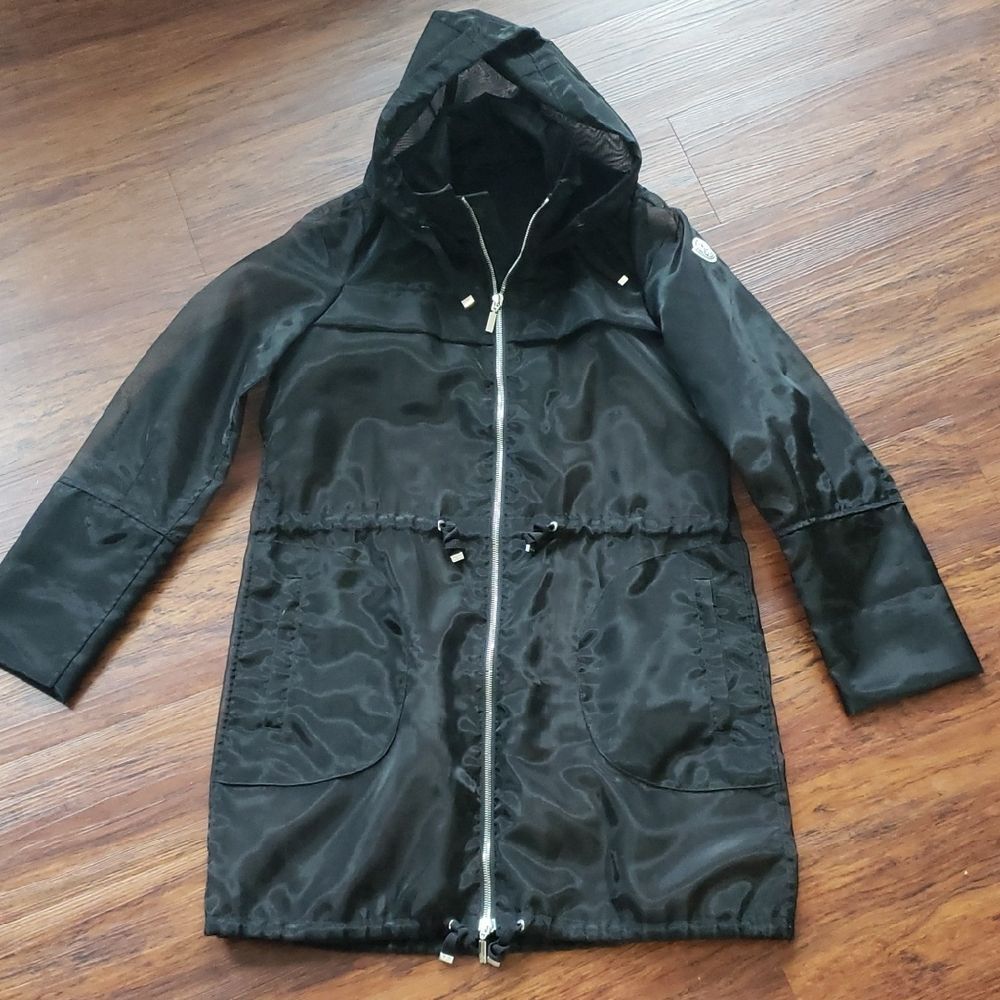 Moncler Black Hooded Sheer Mesh Trench Size Medium Chic Feminine Designer
